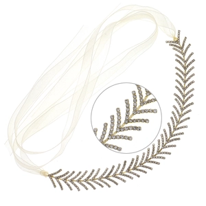 Serre-tête élégant en strass avec motifs de feuilles et rubans soyeux pour mariages