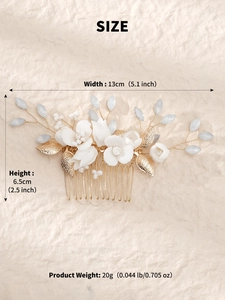 Detail view of handmade bridal hair comb with ceramic flowers and pearls showing dimensions