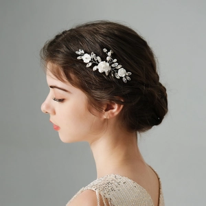 Handmade Bridal Flower Hair Comb Alloy Rhinestone Artificial Pearl Wedding Headpiece Elegant Silver Hair Accessories For Brides Women