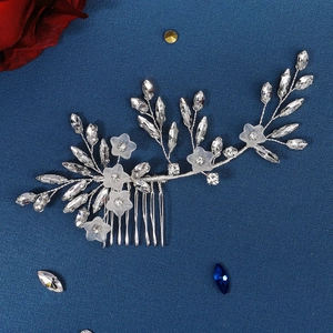 Bridal hair comb with marquise rhinestones and acrylic flowers on silver wire