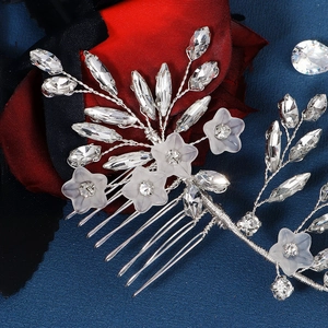 Silver bridal hair comb with marquise rhinestones and matte acrylic flowers