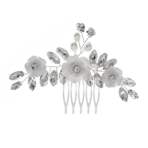 Luxurious bridal hair comb with handmade flowers, pearls and rhinestones on silver base