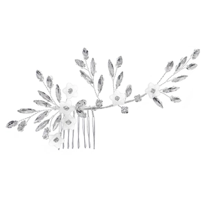 Silver bridal hair comb with marquise rhinestones and white acrylic flowers
