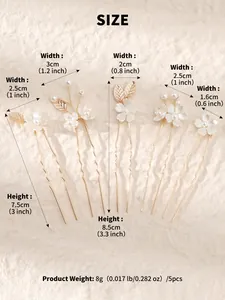 Size chart showing dimensions for five crystal pearl bridal hair pins in gold alloy finish