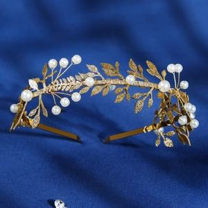 Serre-tête en Künstliche Perles et Feuilles Dorées Fait Main Style Forêt Accessoire de Photographie de Mariage pour Femmes