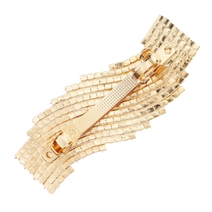 Back view of a gold wide hair clip with sparkling square crystals and a spring clip