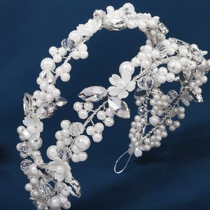 Elegant double-layered bridal headband with white pearls, crystals and flower details