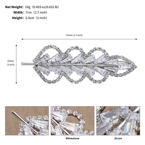 Detail view of rhinestone leaf hair clip showing 70mm x 25mm dimensions and zircon inlay