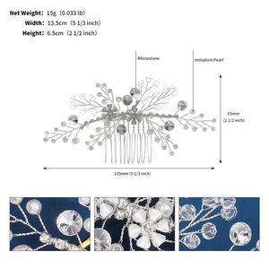 Detailed view of silver wedding hair comb with crystals and pearls showing 13.5cm width size
