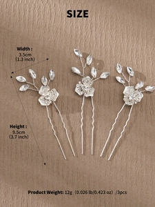 Detailed size measurement of silver wedding hair pins with crystal flowers and leaves