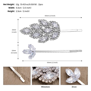 Détail macro du lot de barrettes argentées avec feuilles en zircon marquise et strass