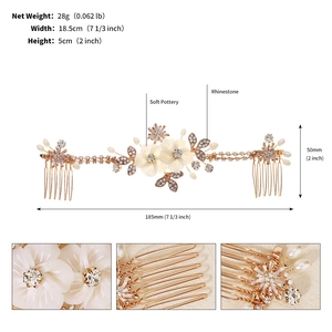 Detailed view of floral bridal hair comb with soft pottery flowers and rhinestones