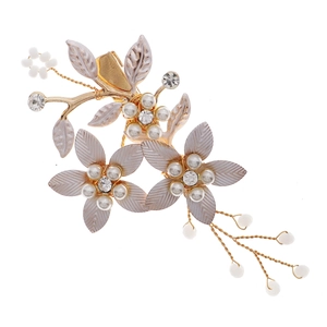 Barrette florale chinoise élégante avec feuilles dorées et pendentifs en perles blanches