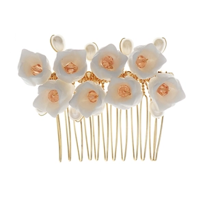 Peigne à cheveux élégant avec fleurs en résine blanche, cristaux ambrés et perles dorées