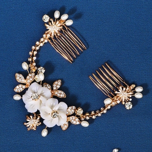 Vintage Gold Alloy Faux Artificial Pearl Rhinestone Flower Bridal Hair Comb Linked Combs With Connecting Chain For Wedding Party Women Jewelry