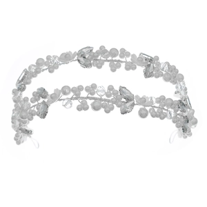Elegant double-layered bridal headband with white pearls, crystals, and resin flowers