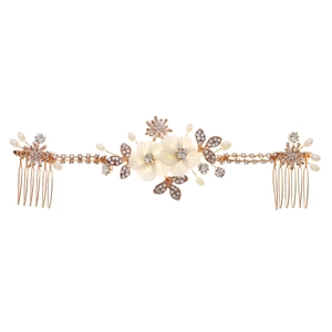 Elegant bridal hair comb with gold wire, white flowers, rhinestones and pearls