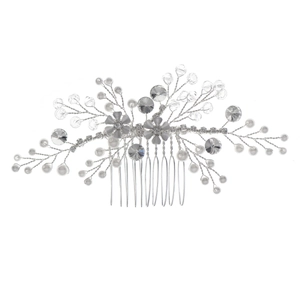 Elegant silver bridal hair comb featuring white pearls, crystals, and floral metal accents