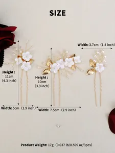 Detailed size guide for bridal hair combs with pearls, crystals and white ceramic flowers