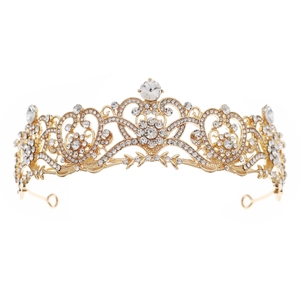 Golden baroque tiara with sparkling rhinestones for bridal wedding and queen costumes