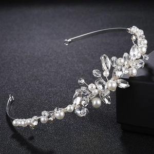 Eleganter Handgefertigter Künstliche Perlen Blumen Braut Stirnband Silber Legierung Strass Krone Für Hochzeit Party Damen Haarschmuck