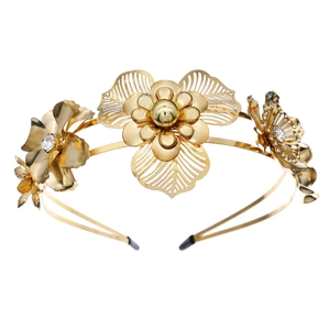 Golden double-layer metal flower bridal headband with vintage floral rhinestones