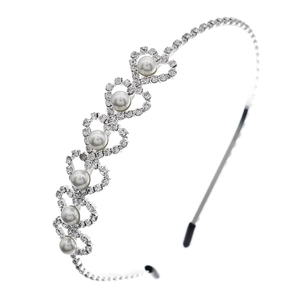 Silver metal headband featuring sparkling rhinestone hearts and elegant white pearls