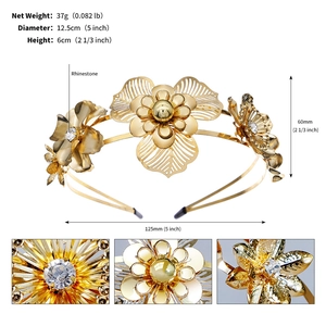 Detailed close-up showing gold floral metal petals and rhinestone inlay on the bridal headband