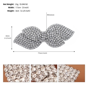 Macro view showing dimensions and rhinestone details of the bow-shaped wedding hair clip