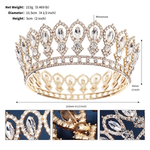 Detailed view showing dimensions and rhinestone settings of the vintage wedding crown
