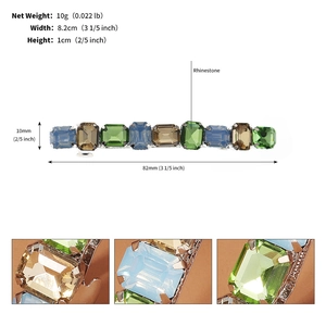 Detailed macro view showing multi-color rhinestones and dimensions of the bridal hair clip