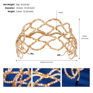 Macro detail of champagne crystal beaded headband with size specifications and net weight