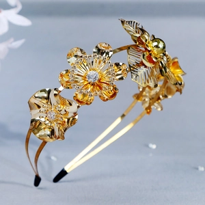 Vintage Gold Flower Bridal Headband Elegant Double Layer Alloy Rhinestone Hair Hoop Wedding Photography Accessories For Women