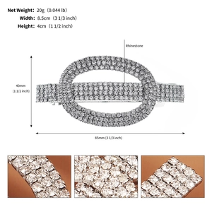 Detail view of rhinestone bridal hair clip showing dimensions 8.5cm by 4cm and 20g weight