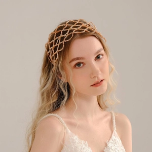 Luxurious Handmade Woven Champagne Crystal Headband Mesh Hair Accessory For Wedding Party Women Retro Elegant Bridal Hair Hoop