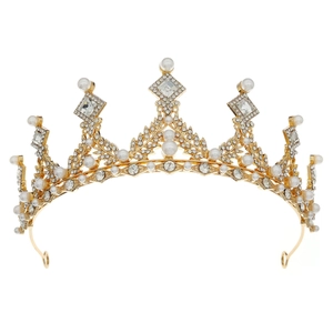 Elegant gold baroque crown with pearls and rhinestones for bridal or party headwear