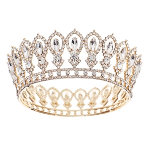 Baroque luxury gold bridal crown with marquise crystals and sparkling white rhinestones