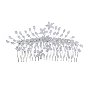 Detailed view of silver bridal hair comb with marquise and round rhinestone flower pattern