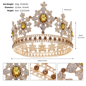 Detailed view of Baroque gold crown with amber gemstones and measurements display