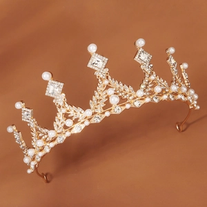 Golden crown for kids with white pearls and sparkling rhinestones for photography props