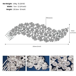Macro details of silver leaf bridal hair comb with rhinestones and faux pearls