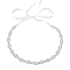 Ceinture de mariée de luxe en strass avec feuilles de cristal argenté et ruban de satin