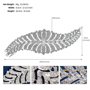 Detailed dimensions of bridal rhinestone hair comb showing 20.5cm length and 90g weight