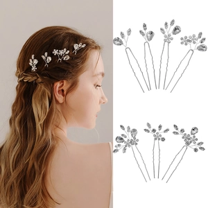 Pic à Cheveux de Mariée Fait Main en Alliage Argent avec Strass Fleur et Künstliche Perle Épingle à Cheveux en U Coiffe pour Mariage Banquet Bijoux Femme