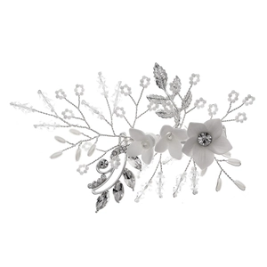 Silver bridal hair comb with handmade ceramic flowers and sparkling crystal beads decoration