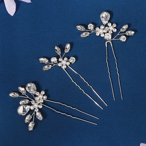 Lot de 3 épingles à cheveux de mariée en U argentées avec strass et perles sur tissu