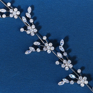 Elegant bridal floral headband with silver crystals and marquise zircon vine details