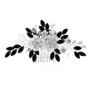 Handmade bridal hair comb with black gemstones, white pearls and crystal floral accents