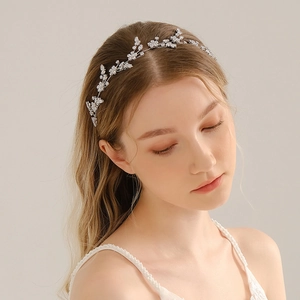 Elegant bridal floral headband with silver metal vine and sparkling zircon crystals