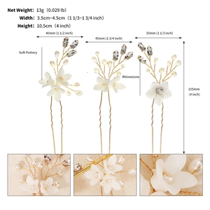Detailed macro view and size specifications of handmade ceramic flower bridal hair pins
